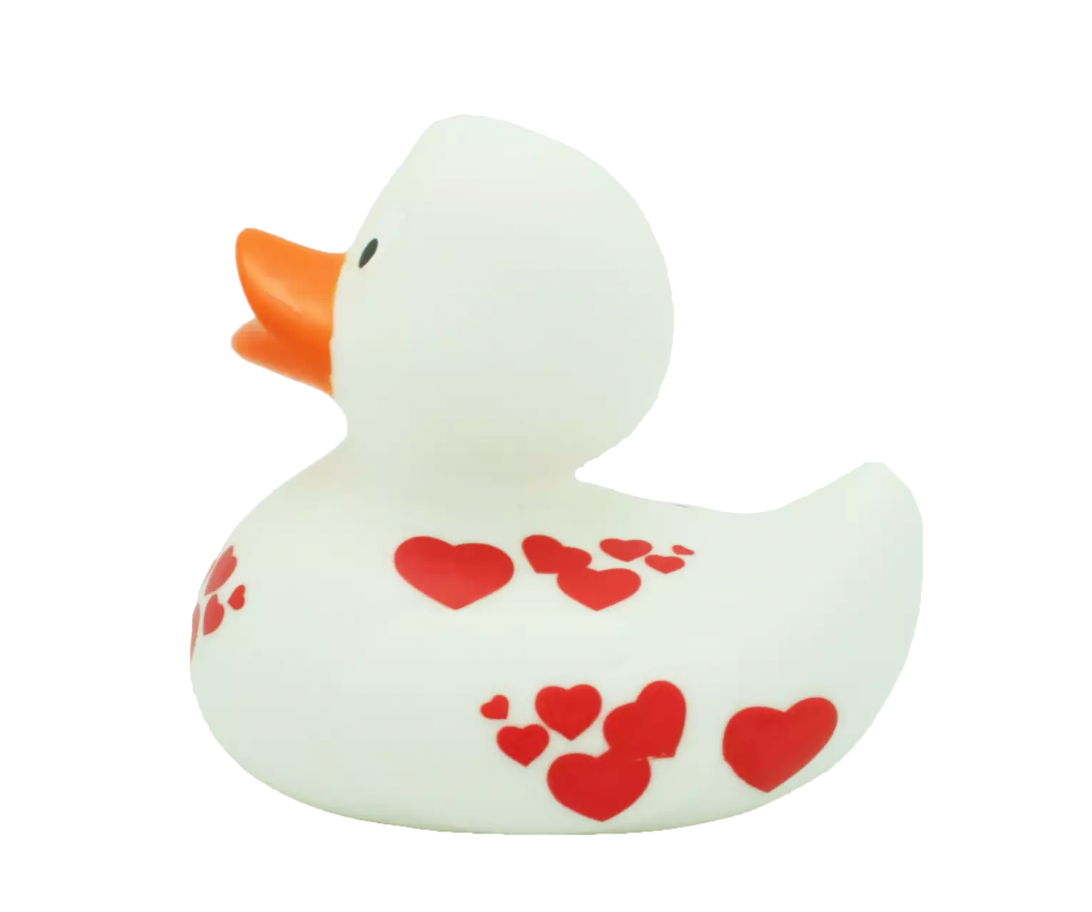 Spotted Red Hearts Rubber Duckie Left Side View